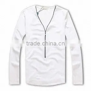 Men's T-shirt With Zipper, V-collar and Long Sleeves, Available in White thumbnail-1