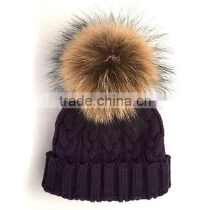 Myfur Natural Raccoon Fur Bobble Winter Animal Fur Pom Pom Knit Beanie Hat thumbnail-2