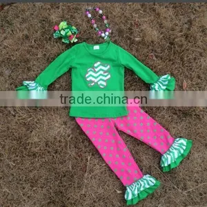 2015 New Hot Pink/green St.patrick Shamrock Pant Top Set Outfits With Matching Necklace and Bows thumbnail-1