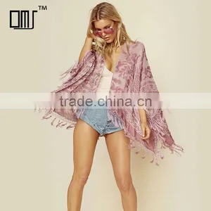 Burnout Rayon Velvet Kimono With Tassels Fringed Bohemian Gypsy Kimono thumbnail-1