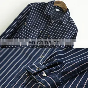Vertical Striped Classic Denim Shirt Women Fashion Denim Blouse thumbnail-3