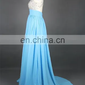 New Arrival Evening Gown Chiffon Beaded See Through Nude Back High Neck Key Hole Open Back Light Blue Formal Long Evening Dress thumbnail-2