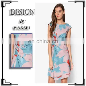 Latest Women Clothing High Quality Cap Sleeve Print Side Ruched Dresses for Women thumbnail-1