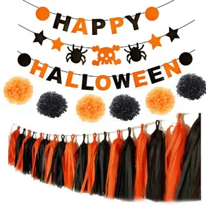 Happy Halloween Banner With Paper Pom Poms ,garlands, Tassels for Party Decoration thumbnail-1