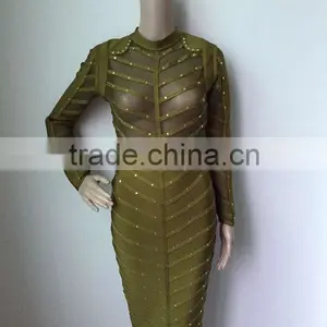 Summer Dress Army Green Black Long Sleeve Mesh Sey Party Women Beading Bandage Dress Bandage Bodycon Women Wearing thumbnail-1