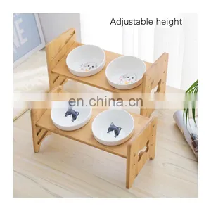 Advanced Technology Pet Food and Water Dog Cat Eating Bowl Ceramic Iron Stainless Steel Feeder High Adjustable Tilt Bamboo Stand thumbnail-2