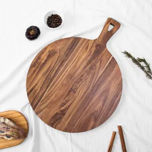 In Stock Multi-Function Round Acacia Wood Board Pizza Cutter Plate Steak Tray Thick Chopping Board With Handle for Baking thumbnail-2