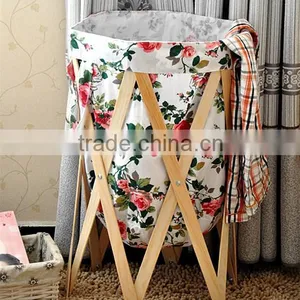 High Quality Round Home Foldable Laundry Storage Basket With Wood thumbnail-2