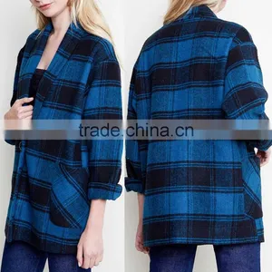 No Zipper Classic Women Winter Jacket 100% Polyetser Plaid Woven Flannel Boxy Jacket thumbnail-1