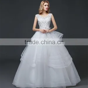 Cream Sleeveless A-line Tiered Wedding Dress Beaded Corchet Cut Out Back Crisscross Bride Grown thumbnail-3