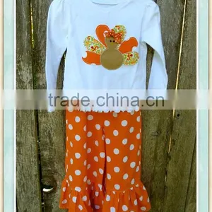 Girly Turkey Applique Shirt and Ruffle Pant Set Long Sleeve White Top With Orange Polka Dot Ruffle Pants For Fall & Thanksgiving thumbnail-1