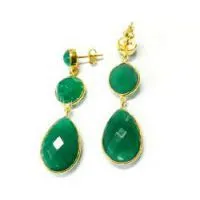 Green Onyx 3 Stone Bezel Setting Gold Plated Silver Earring thumbnail-3
