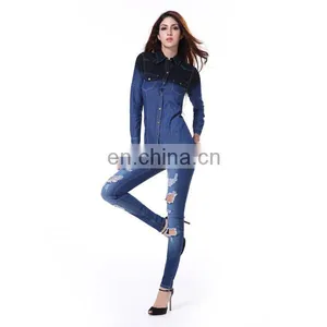 Long Sleeve Navy Factory Wholesale Ladies Denim Shirts thumbnail-3