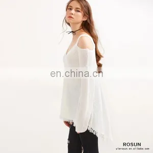 Newest Design White Cold Shoulder V Neck High Low Sweater thumbnail-3