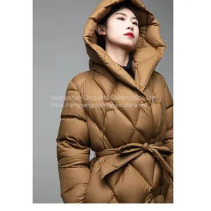 2023 High Quality Wholesale Quilted Hooded Down Padded Jacket With Belt Winter Coats for Women thumbnail-3
