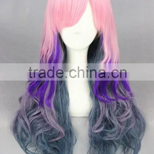 Cheap Beauty Long 70cm Colorful Pink Purple Gary Wave Cosplay Lolita Women Party Wig thumbnail-2