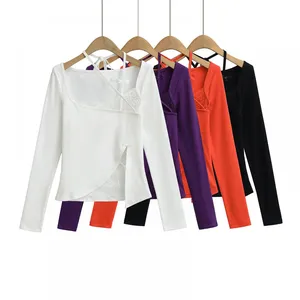 Ins Pure Desire Style Lace Stitching Bow T-shirt Women's Spring and Summer New Irregular Design Long-sleeved Hot Girl Top thumbnail-3
