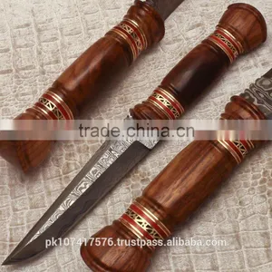 Damascus Blade Hunting Knife With Rosewood Handle Decoration of Brass thumbnail-1
