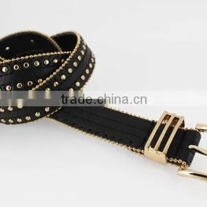 Women's Fashion Gold Metal Studded PU Black Leather Jeans Belt With Double Bean Chian thumbnail-5