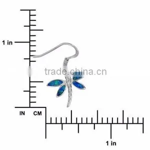 Hawaiian Silver Jewelry 925 Silver Rhodium Synthetic Blue Opal Dragonfly Dangle Earring thumbnail-2