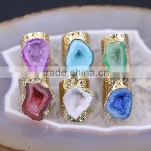 Mixed Colors Agate Geode Ring Golden Electroformed Freeform Drusy Druzy Gem Stone Jewelry Rings thumbnail-1