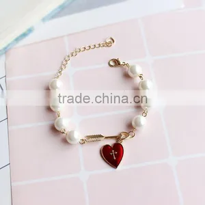 Cupid Arrow Love Bracelet Gold Arrow Red Enamel Cross Heart Charms Pearl Bead Link Bracelet thumbnail-4