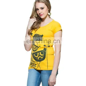 2015 New Arrival Wholesale Garments Customize Made Women Top Yellow Elegant Print Fashionable Hot T-shirt for Girls thumbnail-3