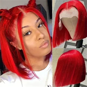 Red Short Bob Wig 13X4 Lace Front Human Hair Wigs For Women Brazilian Transparent Human Hair Wig Straight Colored Remy Hai thumbnail-1