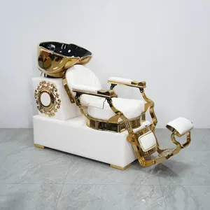 Luxury Beautiful White and Gold Shampoo Chair With Sink & Faucet Reclining Chair for Hair Salon thumbnail-2