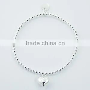 Sterling Silver Beads Stretch Bracelet With Puffed Heart Charm thumbnail-1