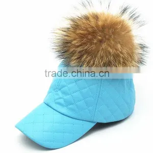 Fashion Plaid Sport Hat With Real Raccoon Fur Balls PU Leather Snapback Baseball Caps With Animal Fur Pompoms thumbnail-2