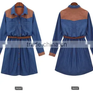 2015 Fashion High Quality New Arrival Girls Long Sleeve Denim Winter Dress With Contrast Color thumbnail-2