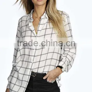 Black White Plaid Shirt Women Cool Blouse Long Sleeve Shirt for Woman thumbnail-2