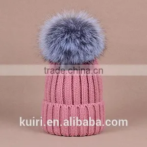 Knitted Hat With Snap Silver Fox Fur Ball on Top thumbnail-2