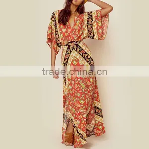 Bat Sleeve Printed Ethnic Clothing Women Kaftan Open Back Design Maxi Dress thumbnail-5