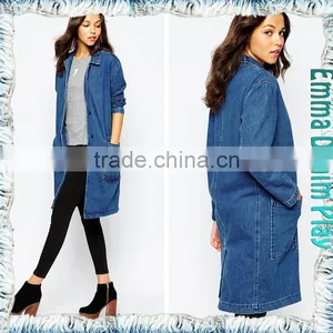 Leisure Ladies Slim Long Sleeves Elongated Denim Overcoats Manufacturer thumbnail-1