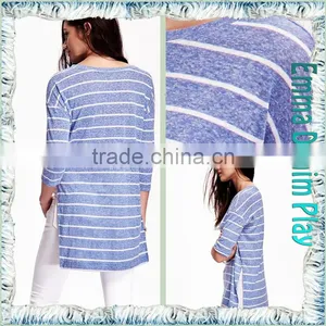 2016 Latest Custom Designer Blue Stripe Long Open Hem Womens Three Quarters Sleeve Round Neck T Shirts thumbnail-5