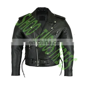 Classic BRANDO Black Blue Flame Men's Motorcycle Biker Hide Real Leather Jacket thumbnail-1
