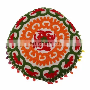 Decorative Indian Vintage Suzani Pillow Cases Embroidered Round Cushion Covers thumbnail-1