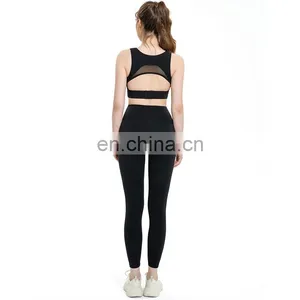 Custom Logo Women Sportswear Suit Set Back Hollow Out Bra And High Waist Leggings Two Piece Yoga Set Sexy Mesh Gym Running Wear thumbnail-1