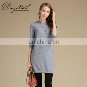 Custom Design Casual Pullover Crew Neck Half Sleeves Pure Cashmere Knitted Women's Sweater Dress thumbnail-2