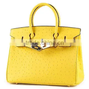 Genuine Italian Leather Women Famous Design Elegant Ostrich Effect Lady Handbag Yellow thumbnail-1