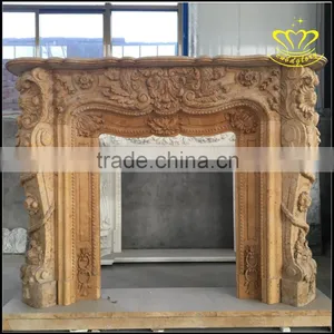 Yellow Marble Sculpture Fireplace Large Complex of Carve Patterns or Designs thumbnail-2