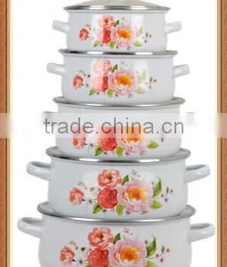 2014 Best Quality Durable Pink Flower Decal Enamel Cookware Set Enamel Pot 5 Pcs Stock Belly Pot With Lid thumbnail-1