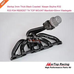 Mertop 3mm Thick Black Coated Niss** Skyline GTR R32 R33 R34 RB26DETT RB26 T4 TOP MOUNT Turbo Exhaust Manifold+50mm Wast thumbnail-4