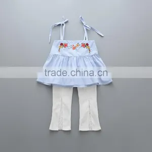 2017 Latest Design Light Blue Color off Shoulder Girls Top With Embroidered Collar thumbnail-3