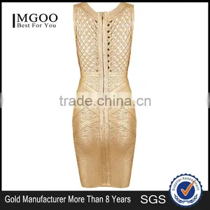 MGOO High Quality Wholesale OEM/ODM Gold Bandage Spandex Dress For Ladies Mini Bodycon Sheath Sexy Club Dress H838 thumbnail-4