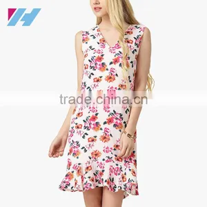 Summer Latest Fashion V Neck Floral Printed Mini Shift Dress Pattern 2016 thumbnail-2
