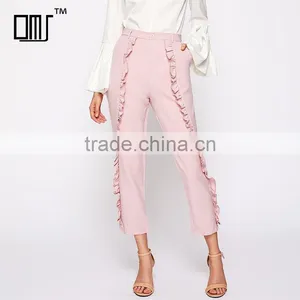 Frilled Women's Tailored Fitted Pants High Waist Pink Cropped Trousers thumbnail-1