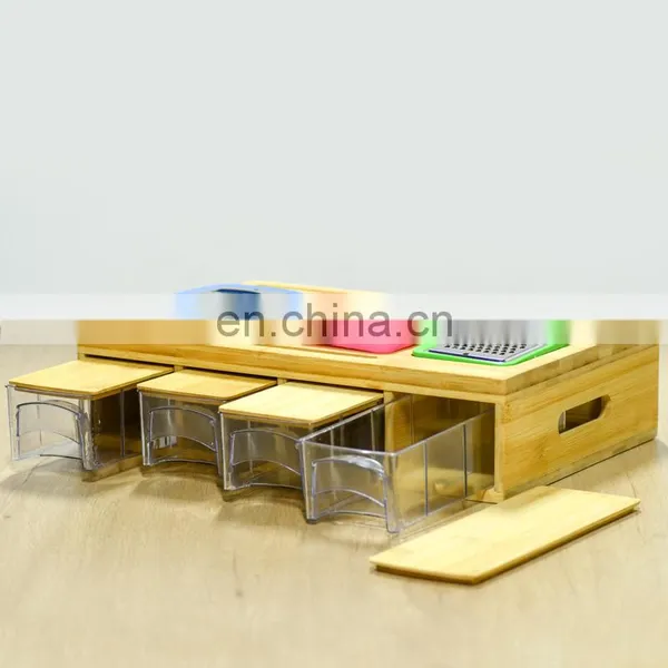 Multi-functional Fruit & Vegetable Tool Natural Juice Grooves Bamboo Cutting Board With Drawers And 4 Container Tray, photo-3